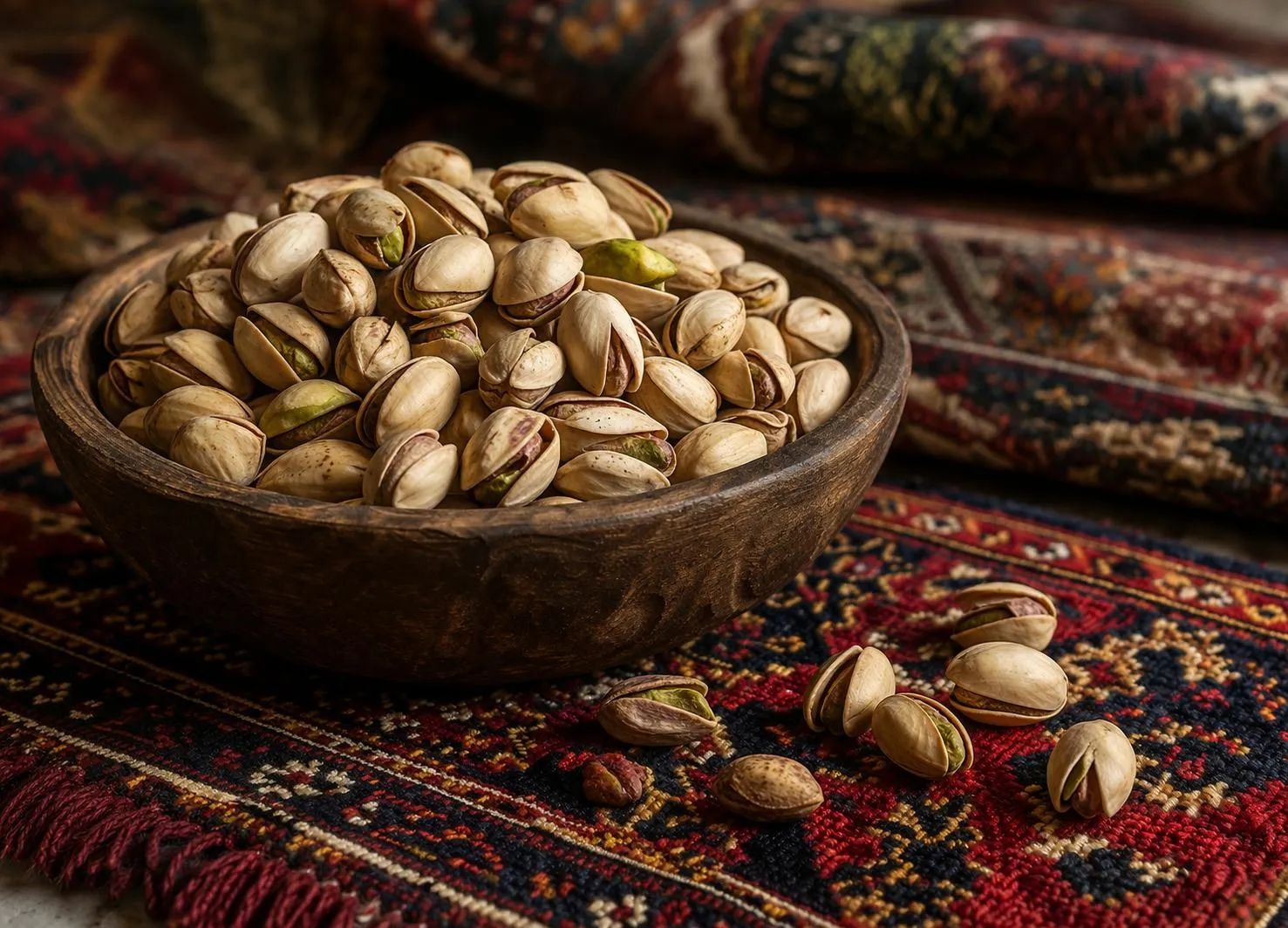 Afghaanse pistache in een houten kom op Afghaans tapijt — donkergroene noten voor baklava, halva en als topping op Kabuli Palow