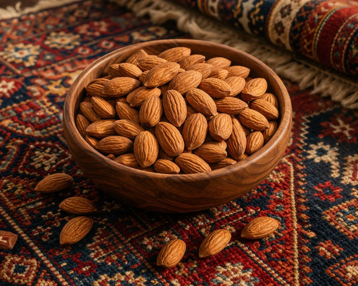 Afghaanse amandelen naturel in een houten kom op een Afghaans tapijt — voor noql, chai-Afghani en als snack tijdens Eid en Nowruz
