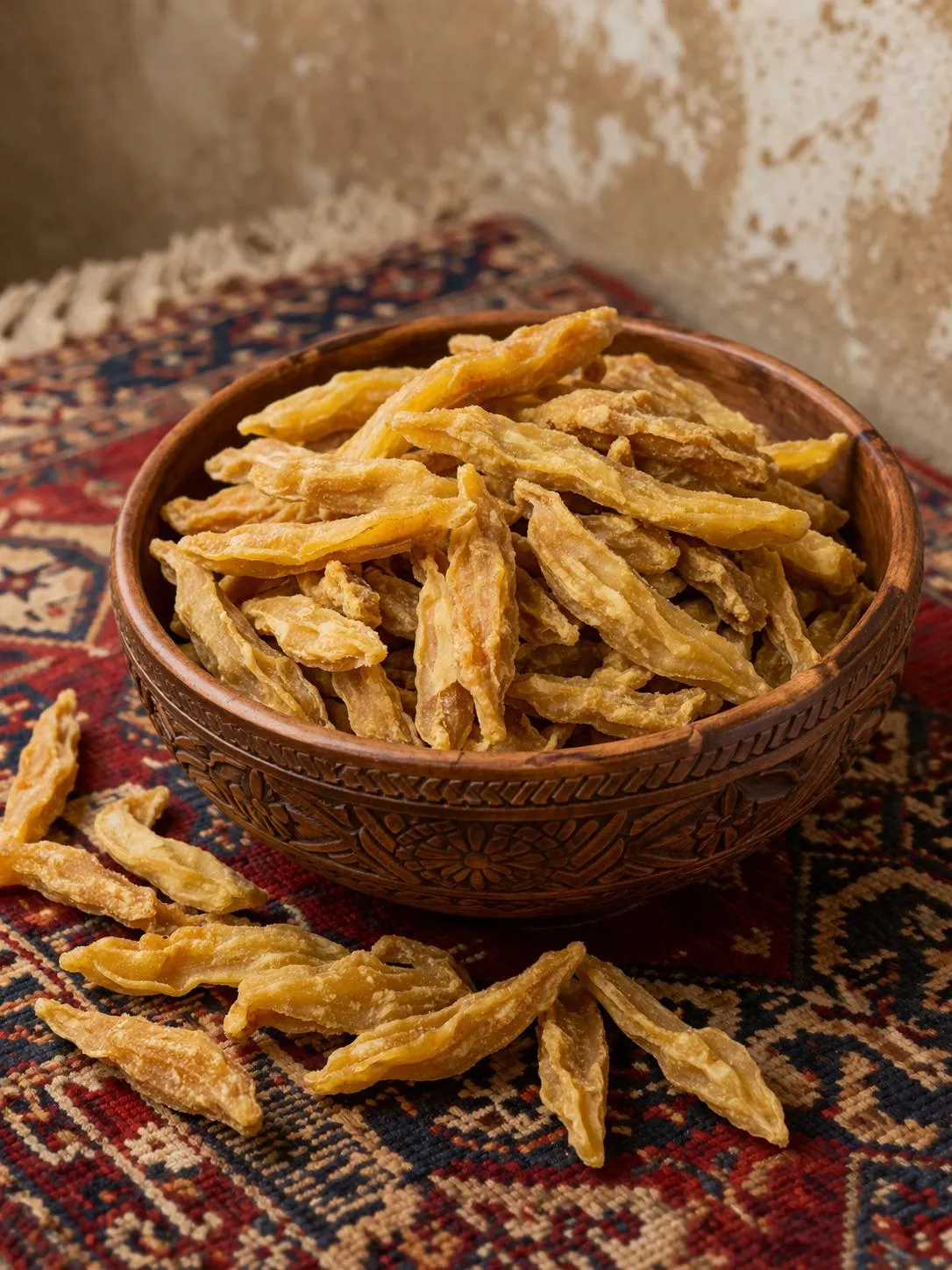 Chapa Namak — Afghaanse opgerolde gedroogde abrikozen (saqi-variëteit) in een houten kom op tapijt, voor stoofschotels en als zoetzure component