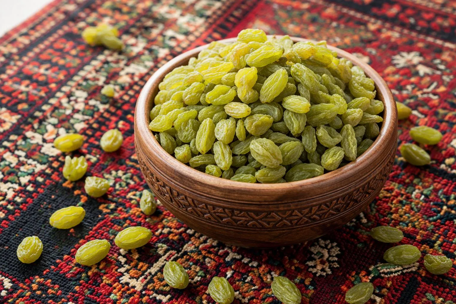 Afghaanse groene rozijnen (Sayer) in een houten kom op een Afghaans tapijt — goudgroen gedroogd fruit voor Kabuli Palow en pulao