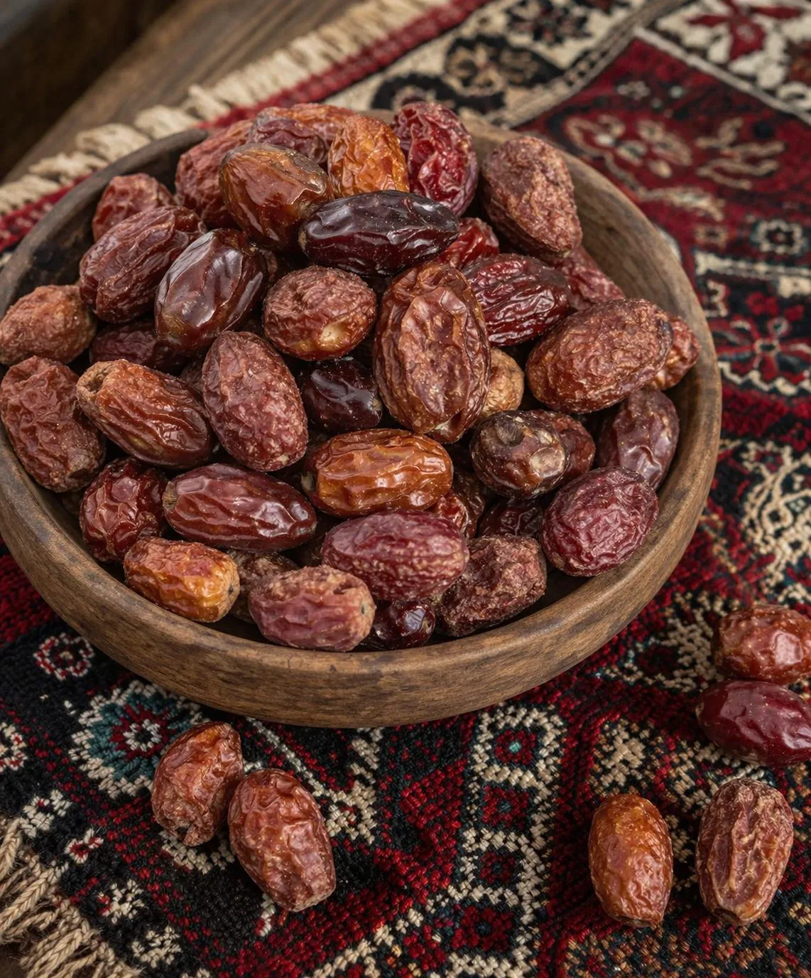 Senjed (gedroogde oleaster) in een houten kom op een Afghaans tapijt — Afghaanse wintervrucht, melig zoet