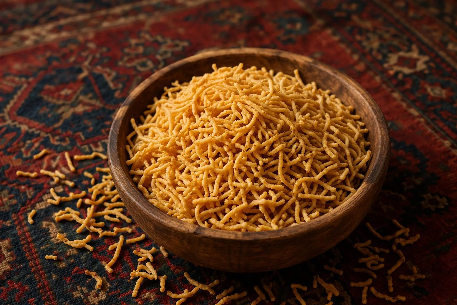 Semian Afghaanse Bombay-mix in een houten kom op een Afghaans tapijt — knapperige snack met kikkererwten en kruidige noedels