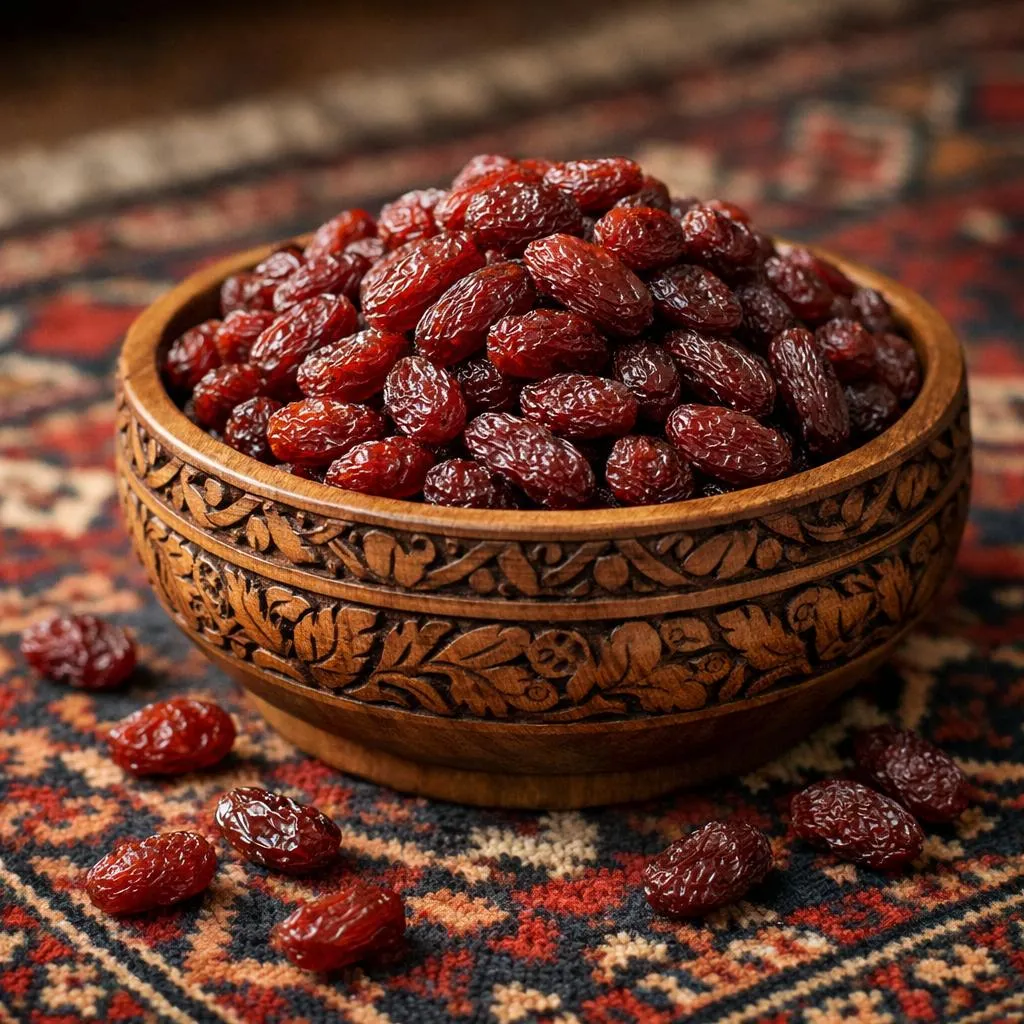 Afghaanse sultana-rozijnen in een houten kom op een Afghaans tapijt — donkerrood gedroogd fruit voor baklava en murabba