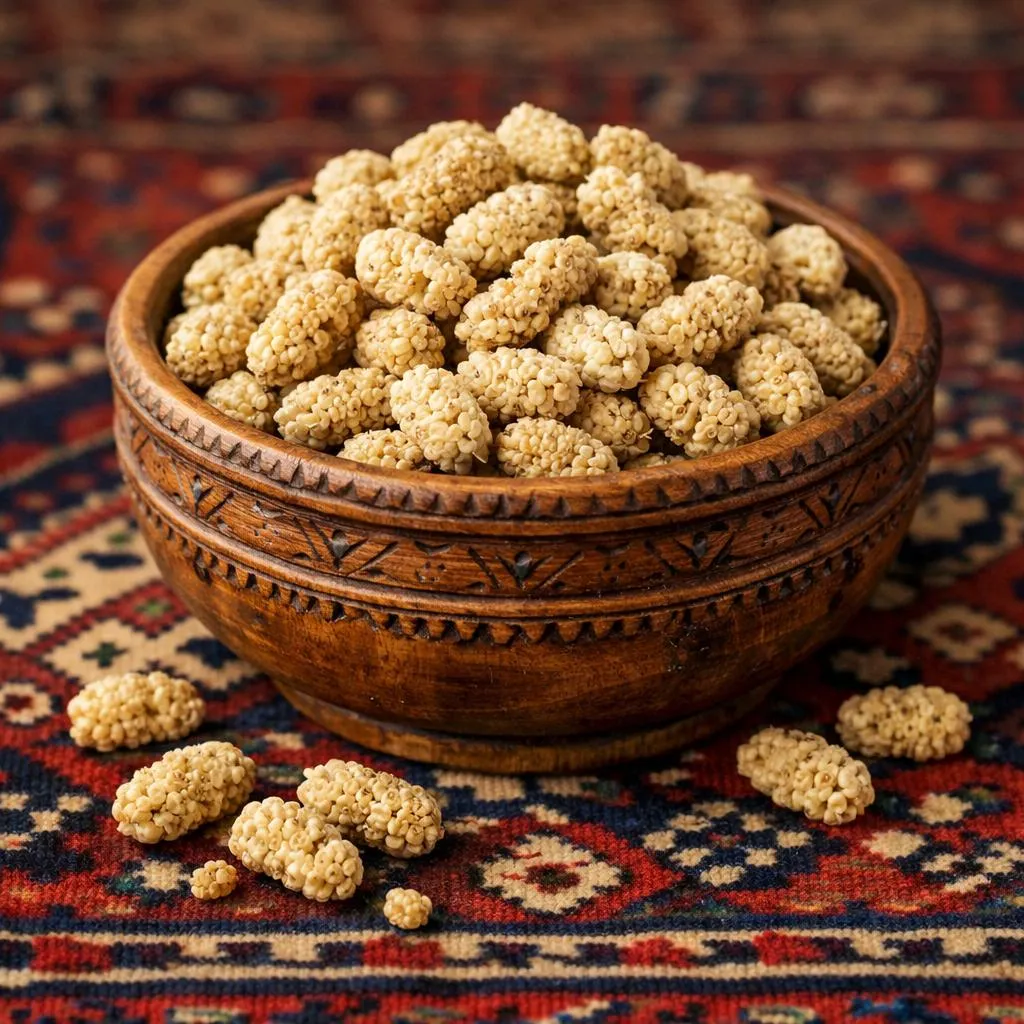 Gedroogde witte moerbeien in een houten kom op een Afghaans tapijt — Afghaanse moerbeien voor bij chai of als kindersnack