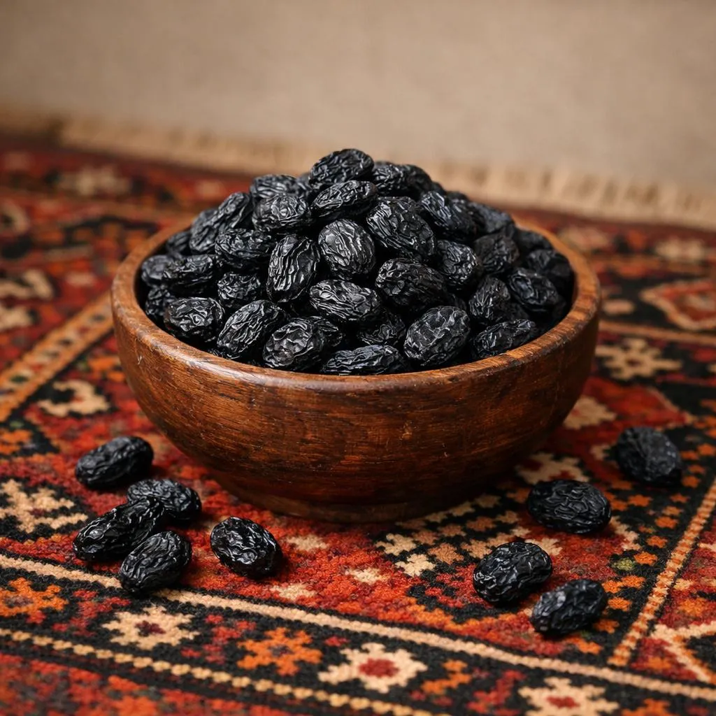 Afghaanse zwarte rozijnen in een houten kom op een Afghaans tapijt — diepdonker gedroogd fruit voor sheer-yakh en chai-zoetjes